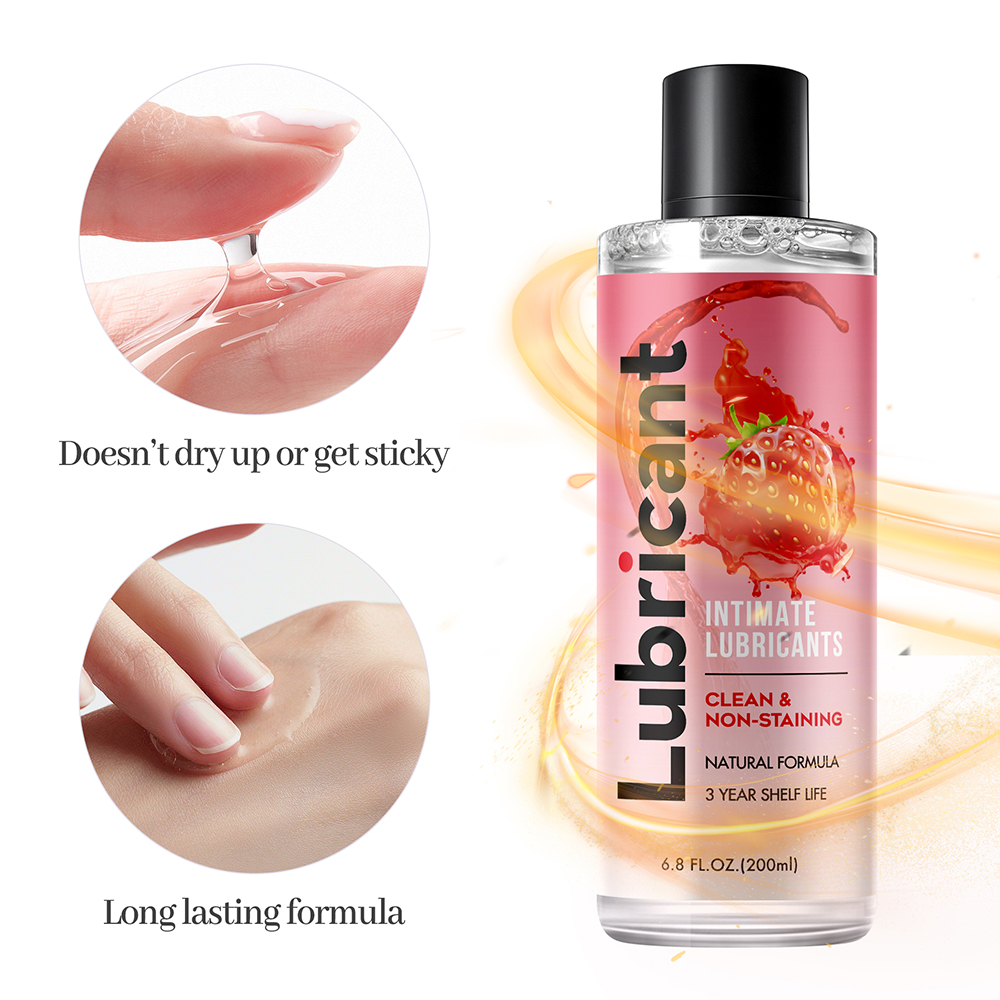 Lilysuck 6.8 Fl Oz Intimate Lubricants bottle with strawberry graphic, emphasizing clean, non-staining, and long-lasting natural formula. Inset images show non-sticky, long-lasting properties.