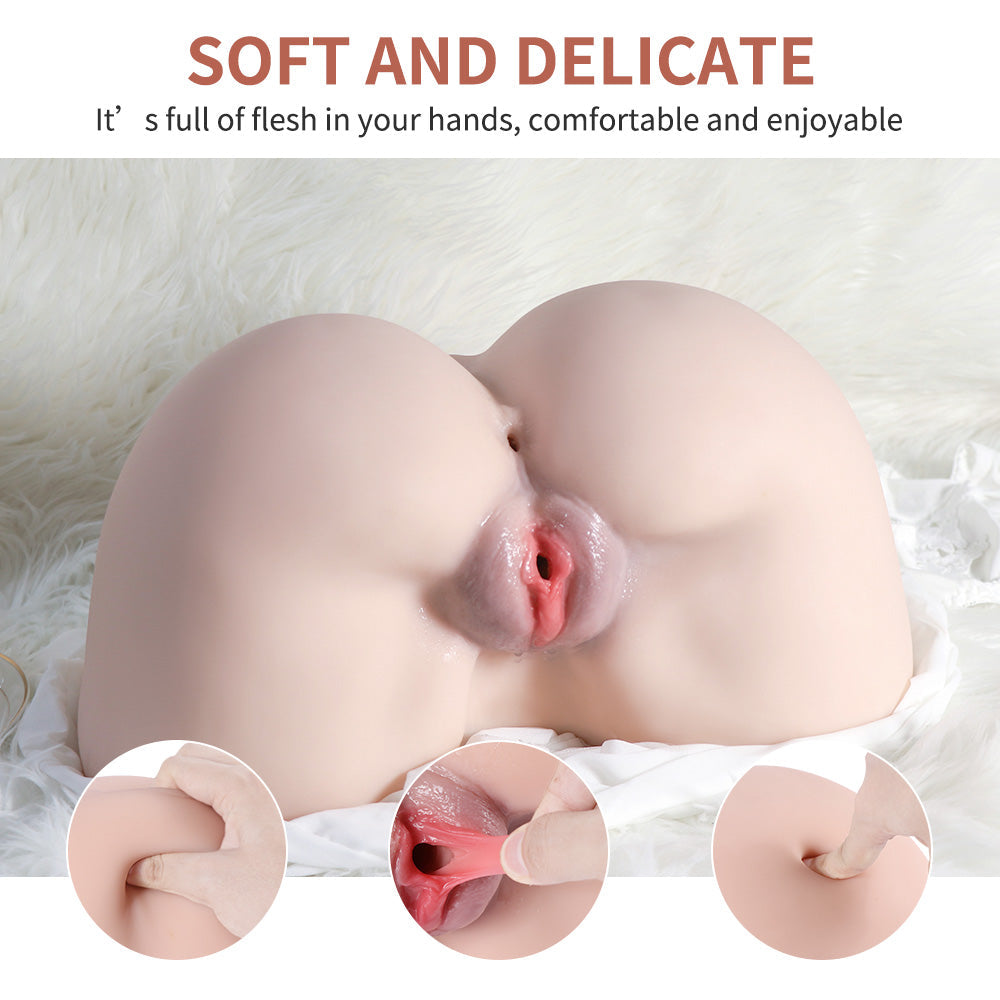 Maude 14.91LB Big Ass Sex Doll Torso made of TPR material, showing soft and delicate texture with realistic details. Text reads: 'Soft and Delicate. It's full of flesh in your hands, comfortable and enjoyable.'