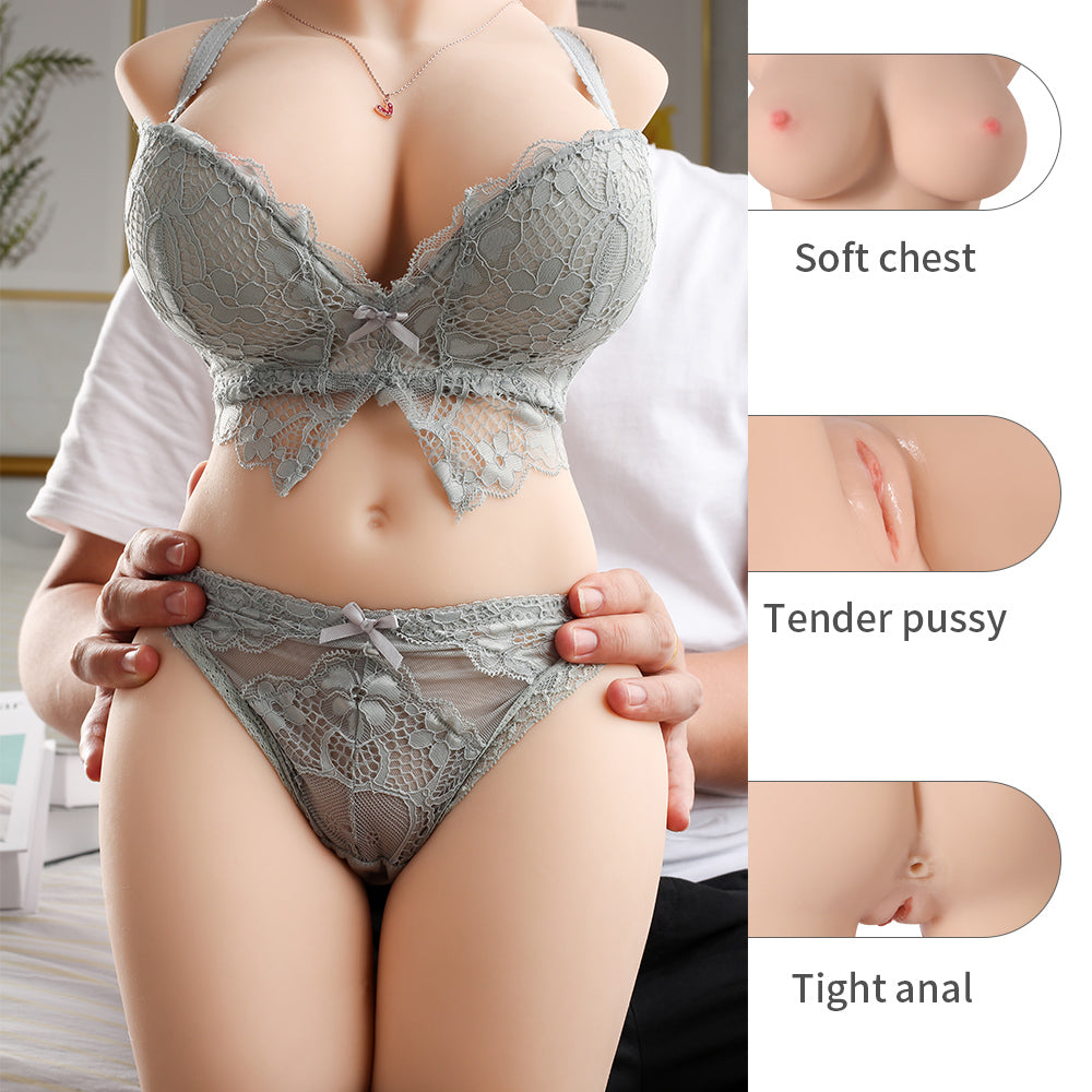 Life-size sex doll torso in lace lingerie, with features detail