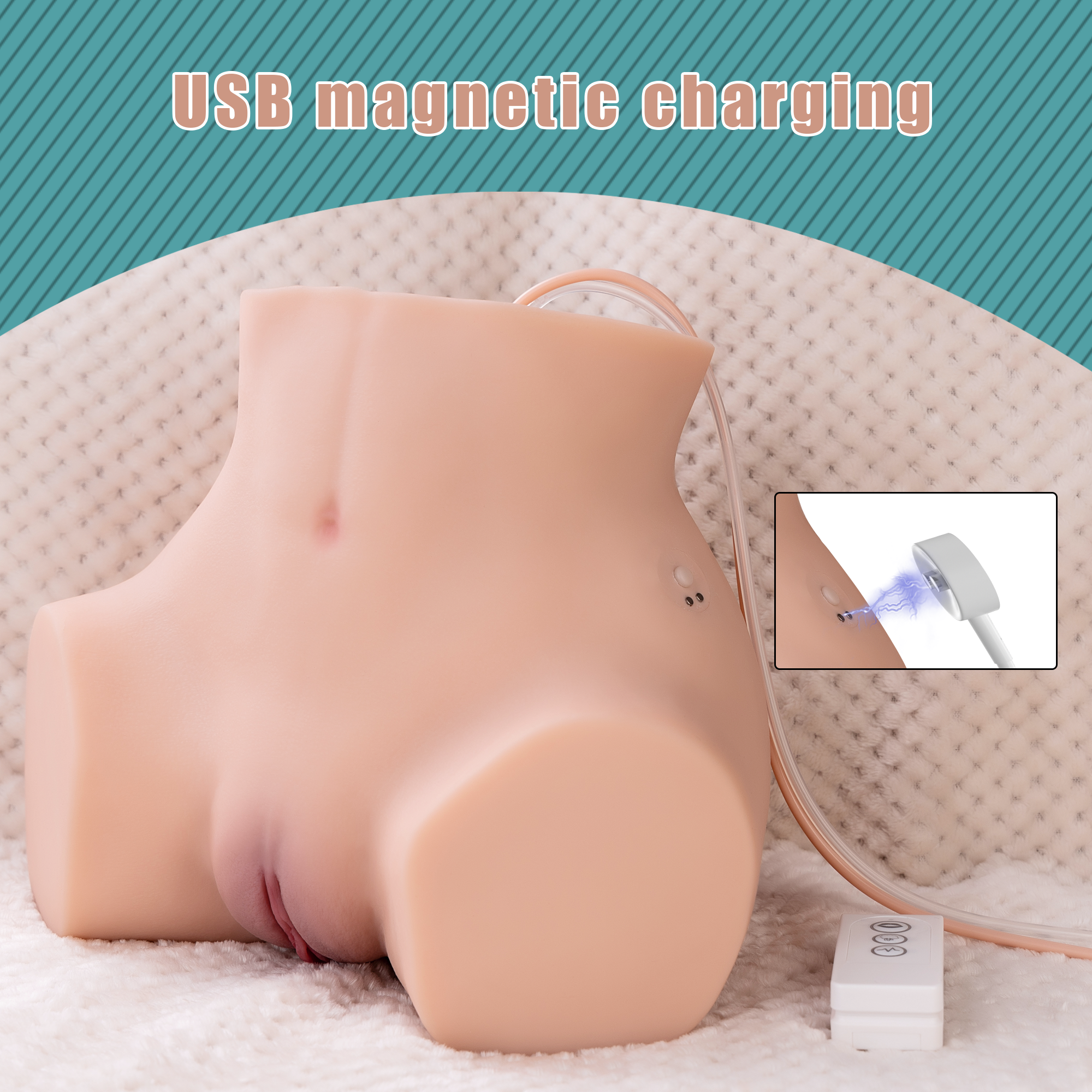 Realistic torso sex doll showcasing USB magnetic charging function with close-up of charger connected to charging port.