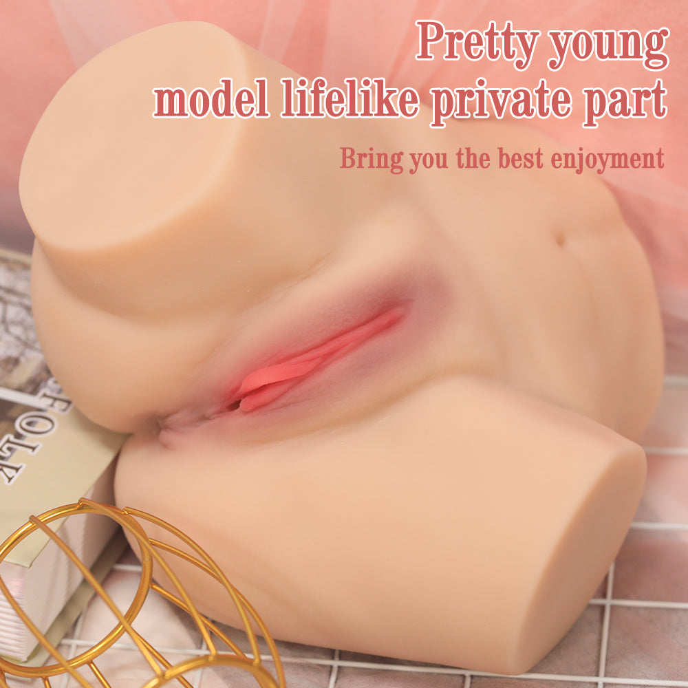 Realistic life-size sex doll torso with lifelike textures and anatomical features. Text on the image says 'Pretty young model lifelike private part' and 'Bring you the best enjoyment'.