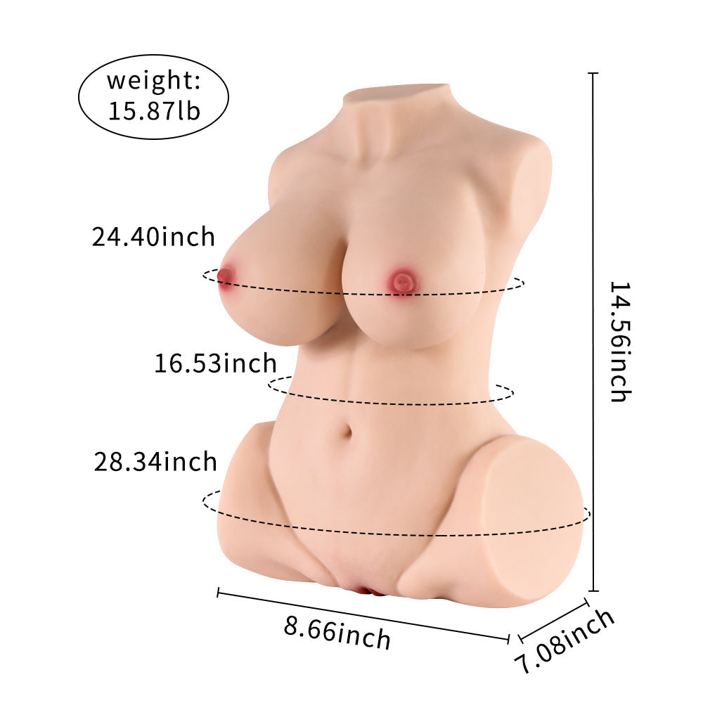 Realistic sex doll torso with big boobs featuring measurements. Weight 15.87lb, length 14.56 inches, width 8.66 inches, bust 24.40 inches, waist circumference 16.53 inches, hip circumference 28.34 inches.