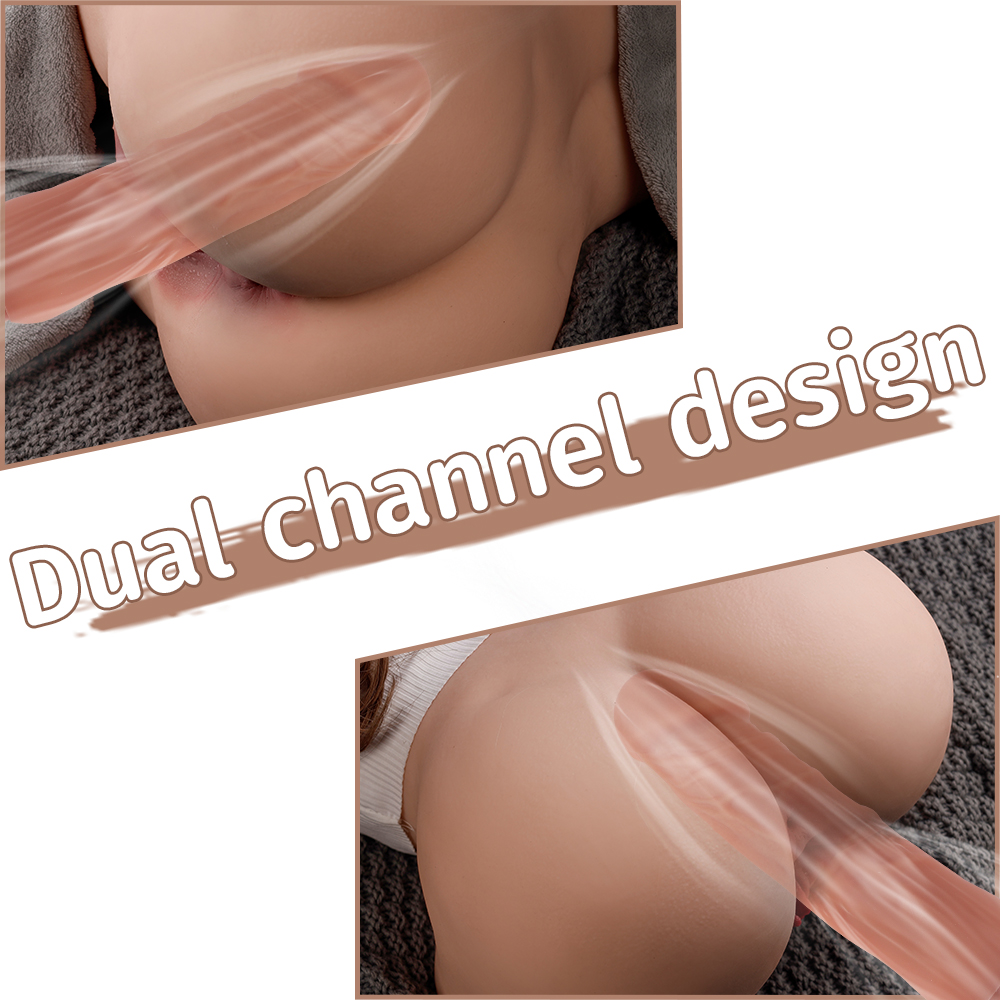 Close-up views of sex doll's realistic vagina and anus with 'Dual-channel design' text indicating two functional orifices, showcasing the product's realism and usability.