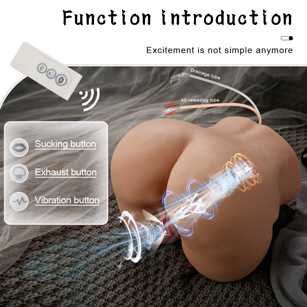 Realistic life-size torso sex doll with remote control buttons labeled as Sucking, Exhaust, and Vibration. Contains labels for Drainage tube and Air-releasing tube. Text: Function Introduction and Excitement is not simple anymore.