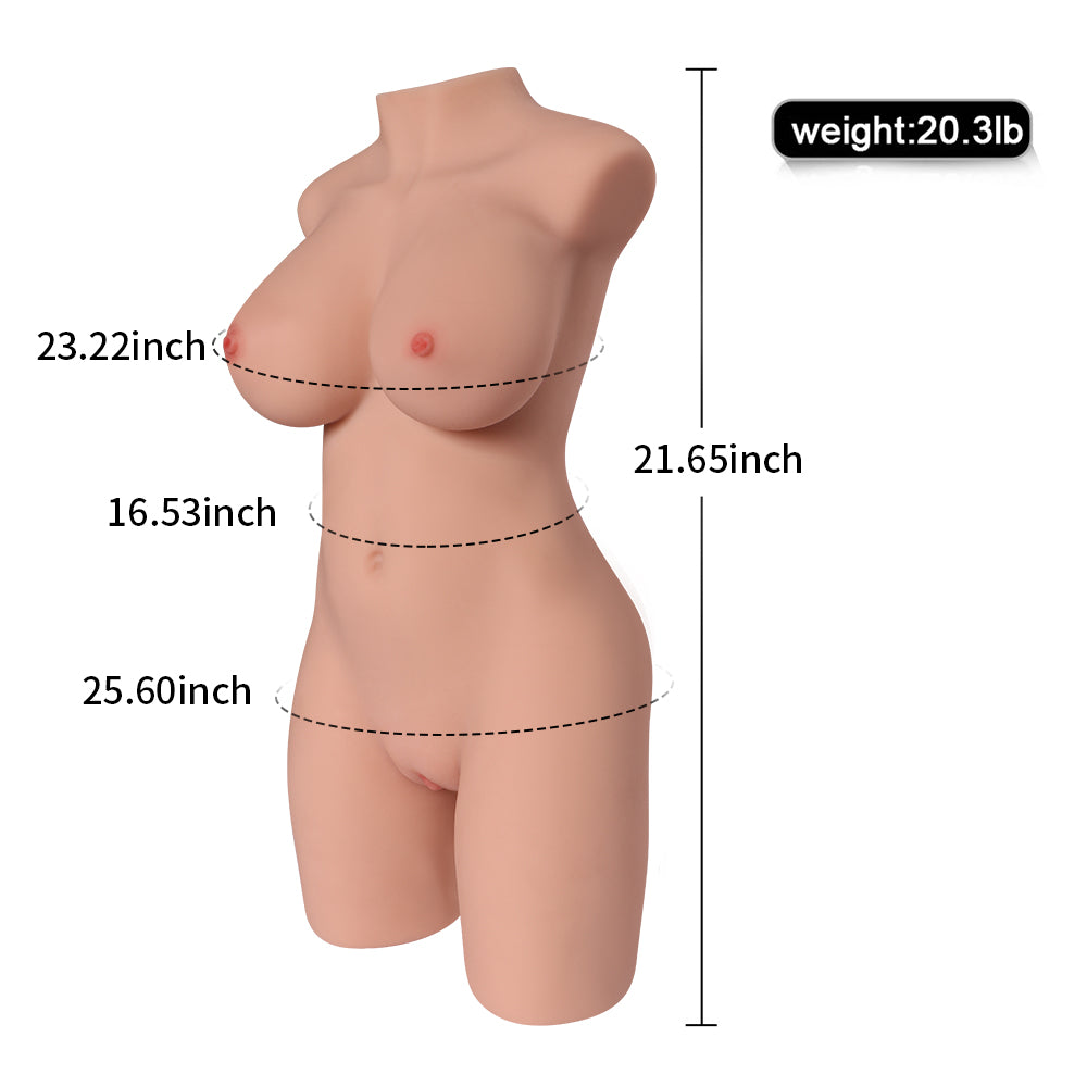 Maia II 20.28LB Life Size Sex Doll Torso with a bust measurement of 23.22 inches, waist measurement of 16.53 inches, hip measurement of 25.60 inches, and total length of 21.65 inches, weight marked as 20.3 lbs