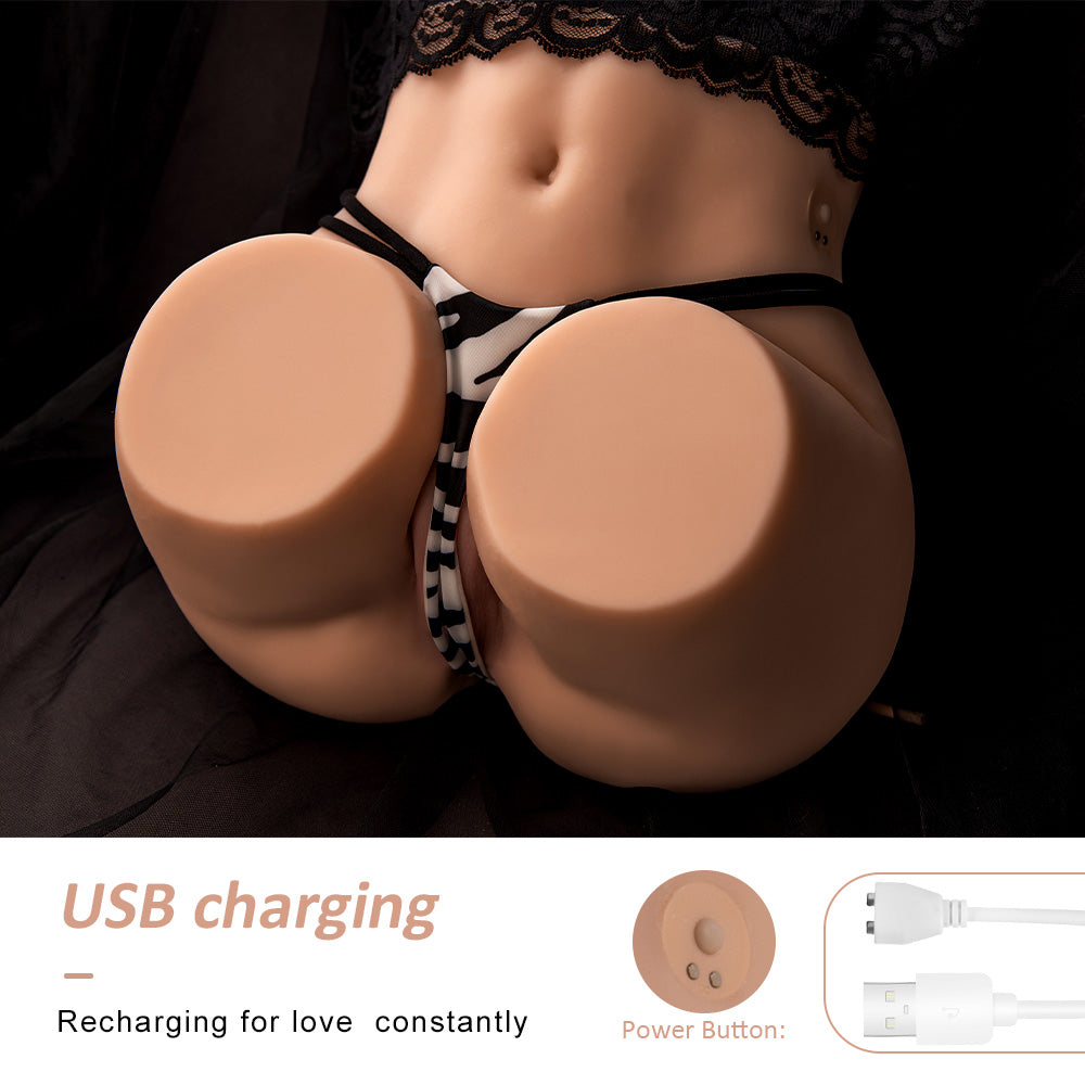 Close-up view of Minnion Auto 13.2LB mini TPE sucking vibrating ass sex doll torso with USB charging feature, wearing lingerie. Text reads 'USB charging, Recharging for love constantly' with power button and USB cable illustration.