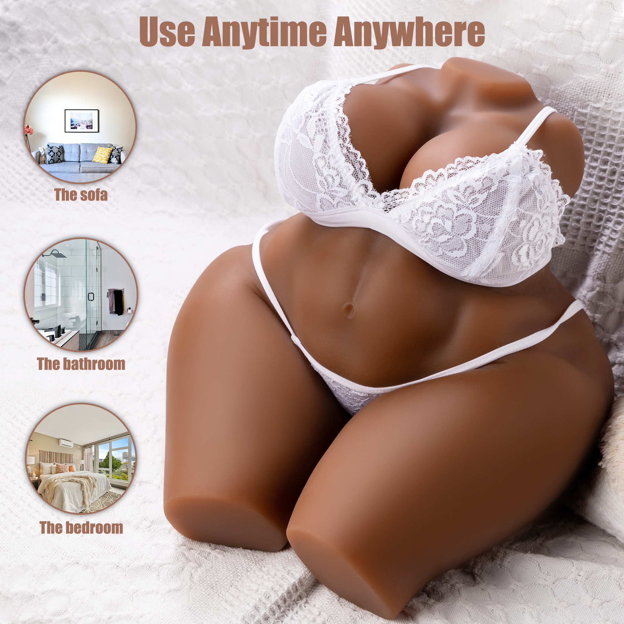 BBW ebony torso sex doll in white lace lingerie with large breasts and thick thighs. Text 'Use Anytime Anywhere'. Inset images showcasing use in the sofa, bathroom, and bedroom.