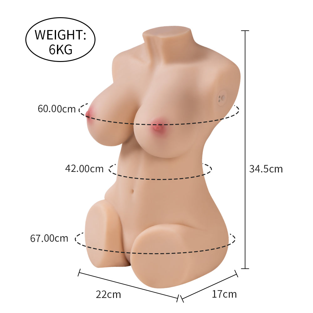 Wendy Auto 13.2LB Lightweight Sucking Vibrating Sex Doll Torso with detailed measurements showing 60 cm breast, 42 cm waist, 67 cm hips, and 34.5 cm height, weighing 6 kg.