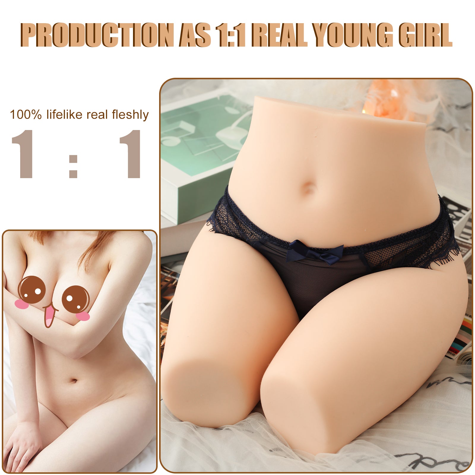 Realistic life-size sex doll torso with black lace underwear, featuring text 'Production as 1:1 Real Young Girl' and '100% lifelike real fleshly 1:1'.