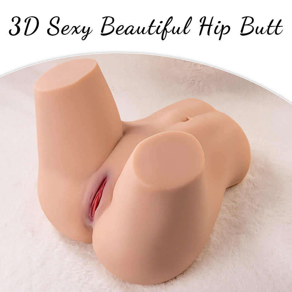 Life-size torso sex doll featuring realistic vaginal opening and buttocks on a white soft surface. Text above reads '3D Sexy Beautiful Hip Butt'.