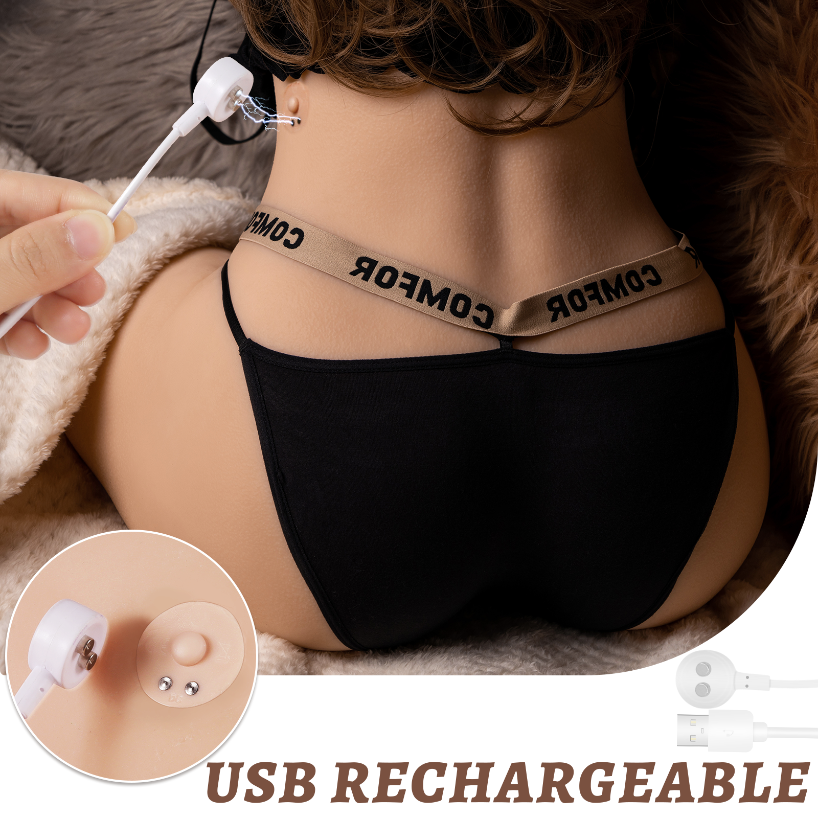 USB charging a sex doll torso in black panties lying on a beige blanket, with the text 'USB RECHARGEABLE' at the bottom.