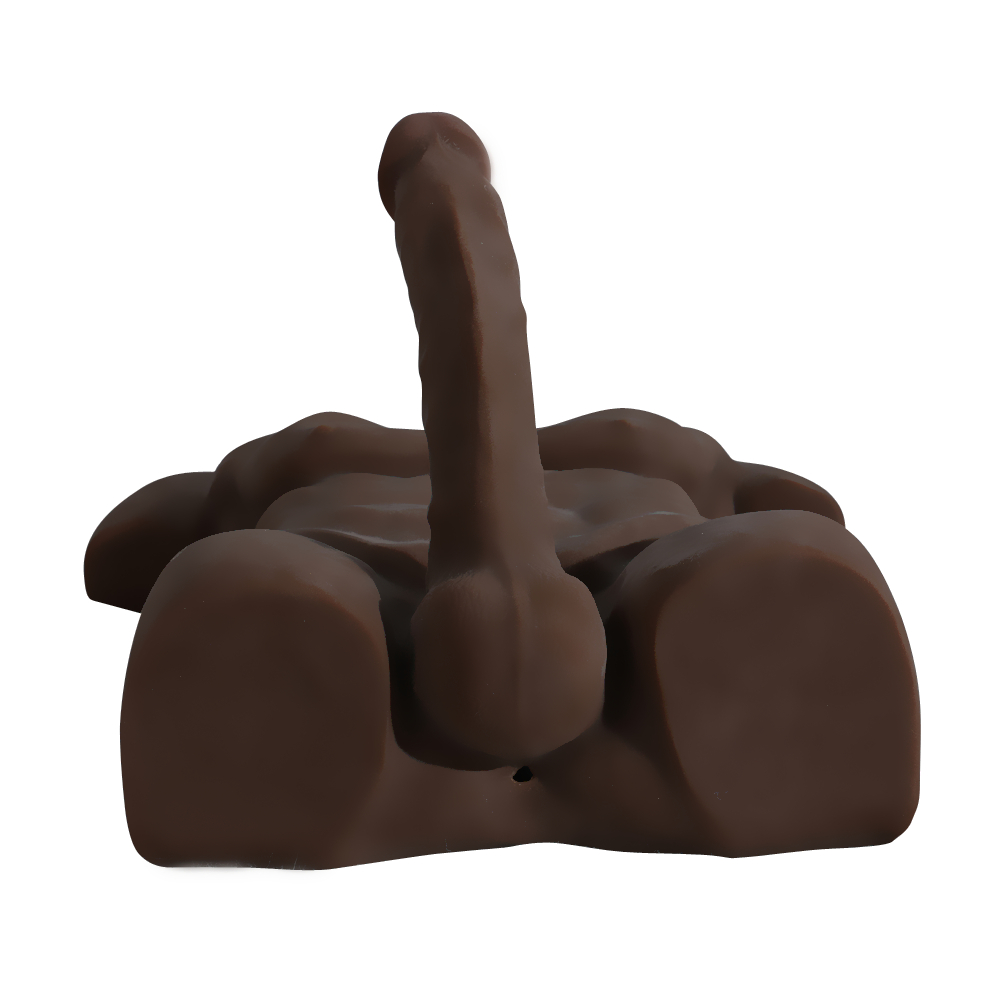Rear view of a dark chocolate-colored male sex doll torso with defined muscles and a 7.9-inch erect dildo on a plain white background.