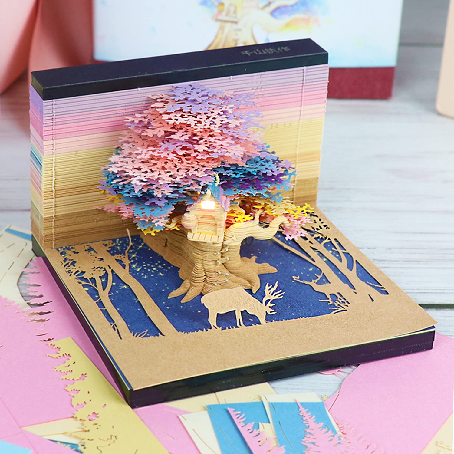 Cherry Blossom Fantasy - 3D Memo Pad with Led Light（Multicolored）-BOOK NOOK WORLD