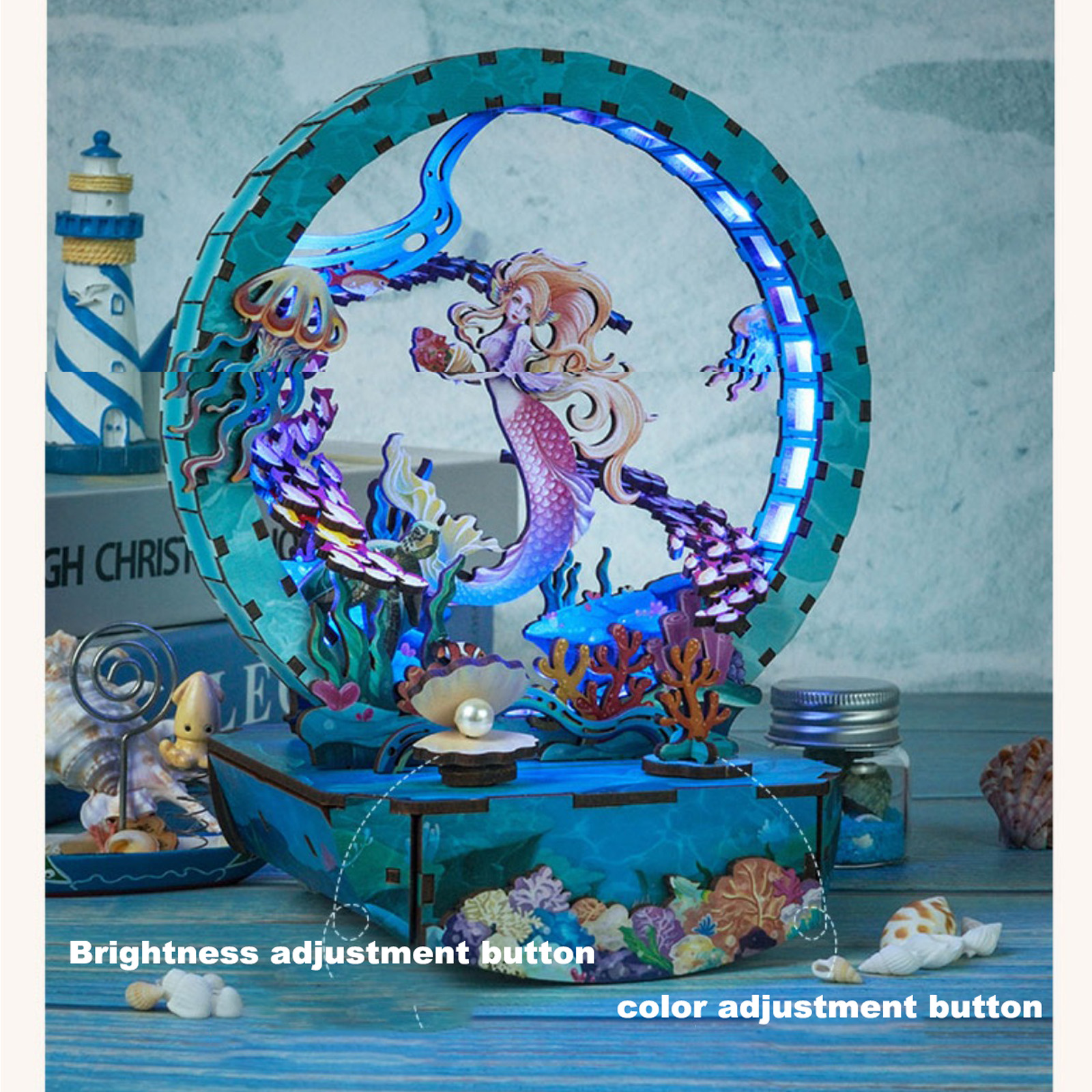 Ocean's Whisper: Mermaid Glow Fun Light - DIY Wooden Night Light, Fun DIY Projects,Home Decorations, Automatic Gradient Light Controller-Book Nook World