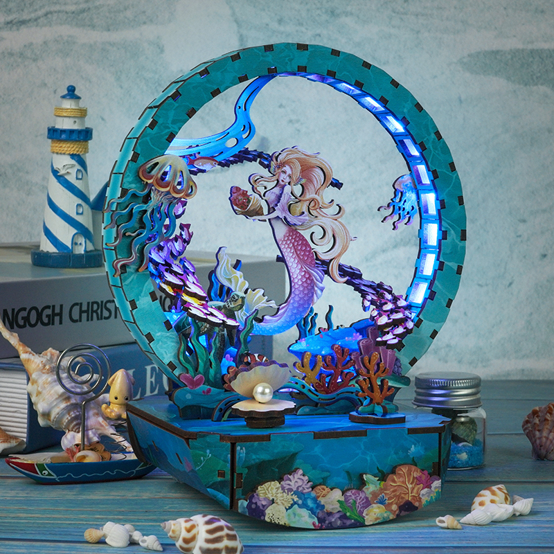 Ocean's Whisper: Mermaid Glow Fun Light - DIY Wooden Night Light, Fun DIY Projects,Home Decorations, Automatic Gradient Light Controller-Book Nook World