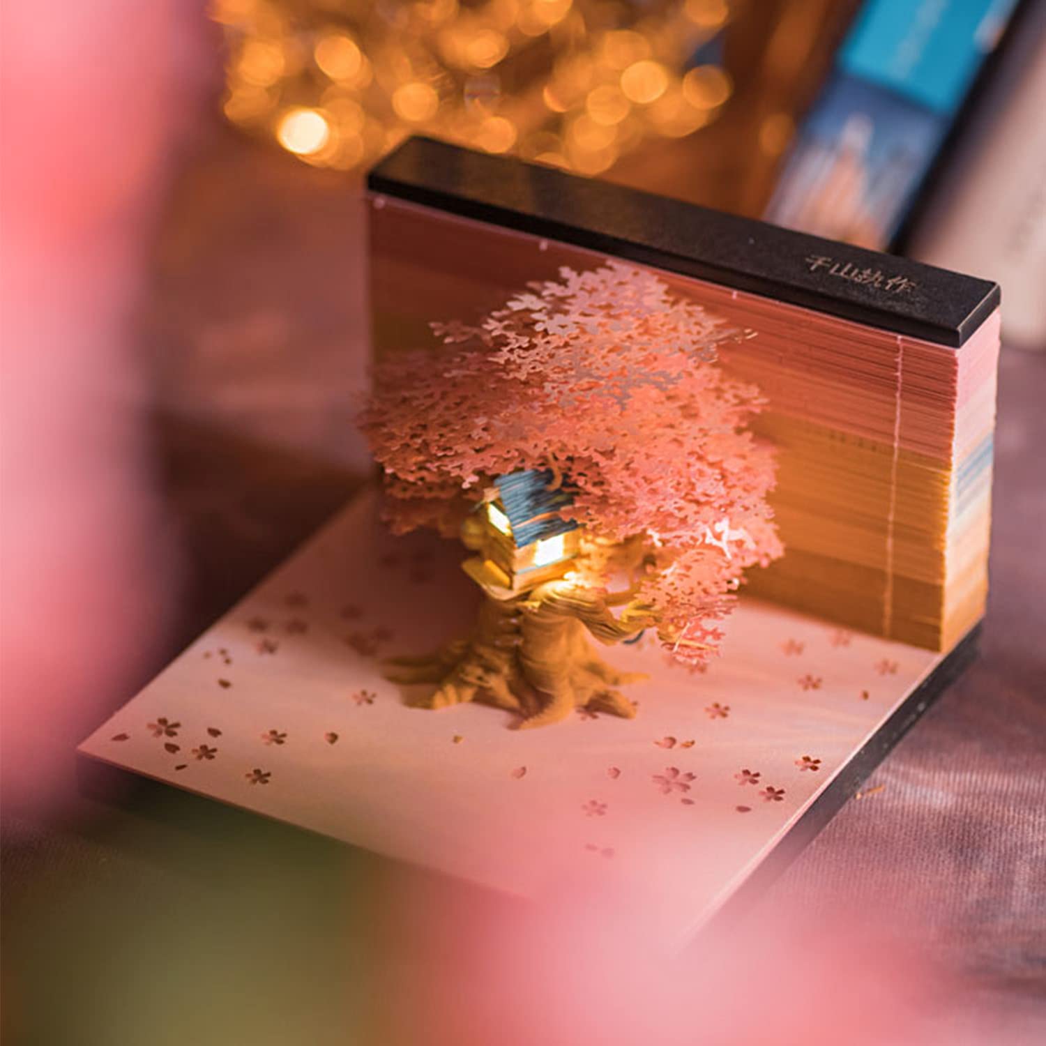Cherry Blossoms 3D Memo Pad | Desk Decoration | 3D Memo Pad with LED Light（PINK)-Book Nook World