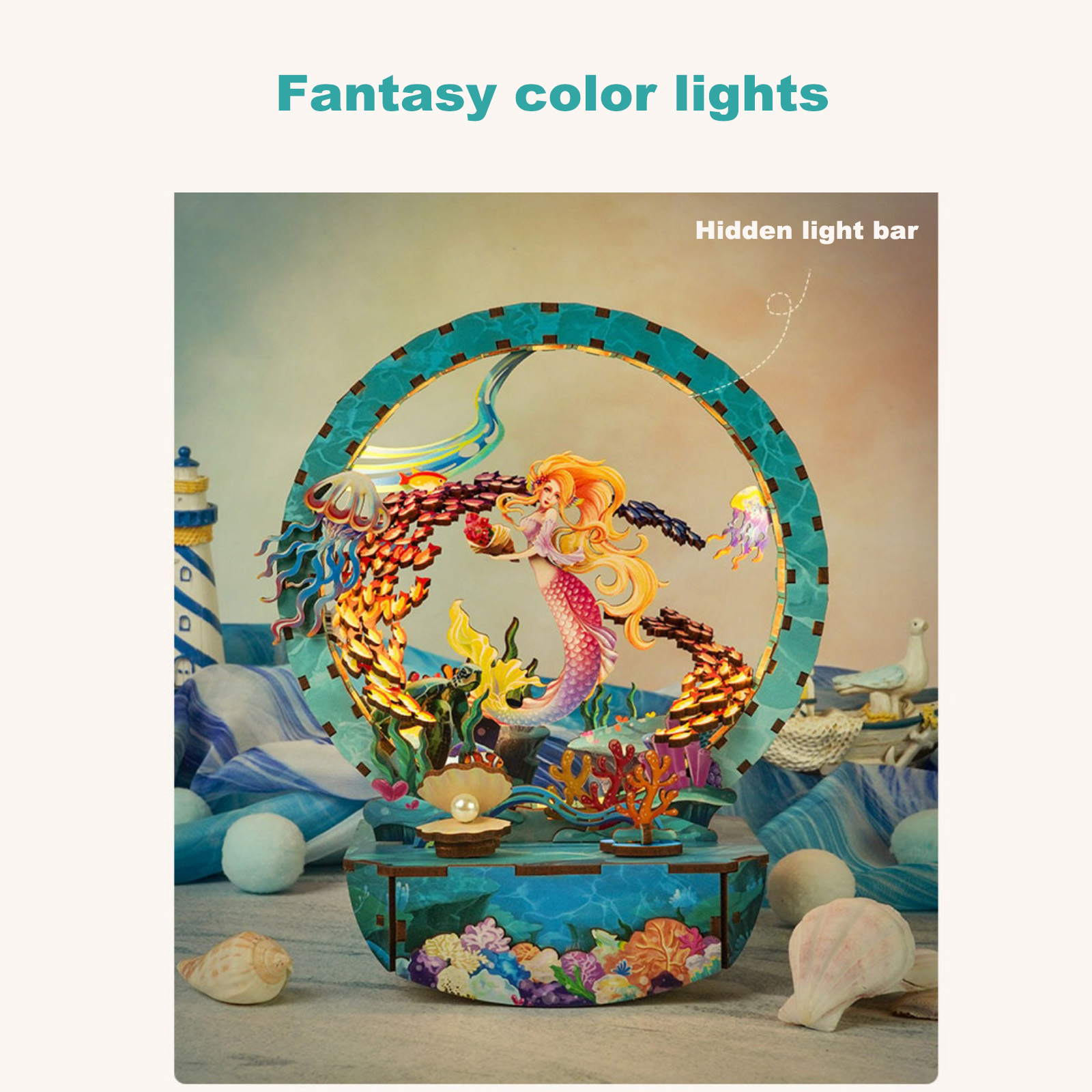Ocean's Whisper: Mermaid Glow Fun Light - DIY Wooden Night Light, Fun DIY Projects,Home Decorations, Automatic Gradient Light Controller-Book Nook World