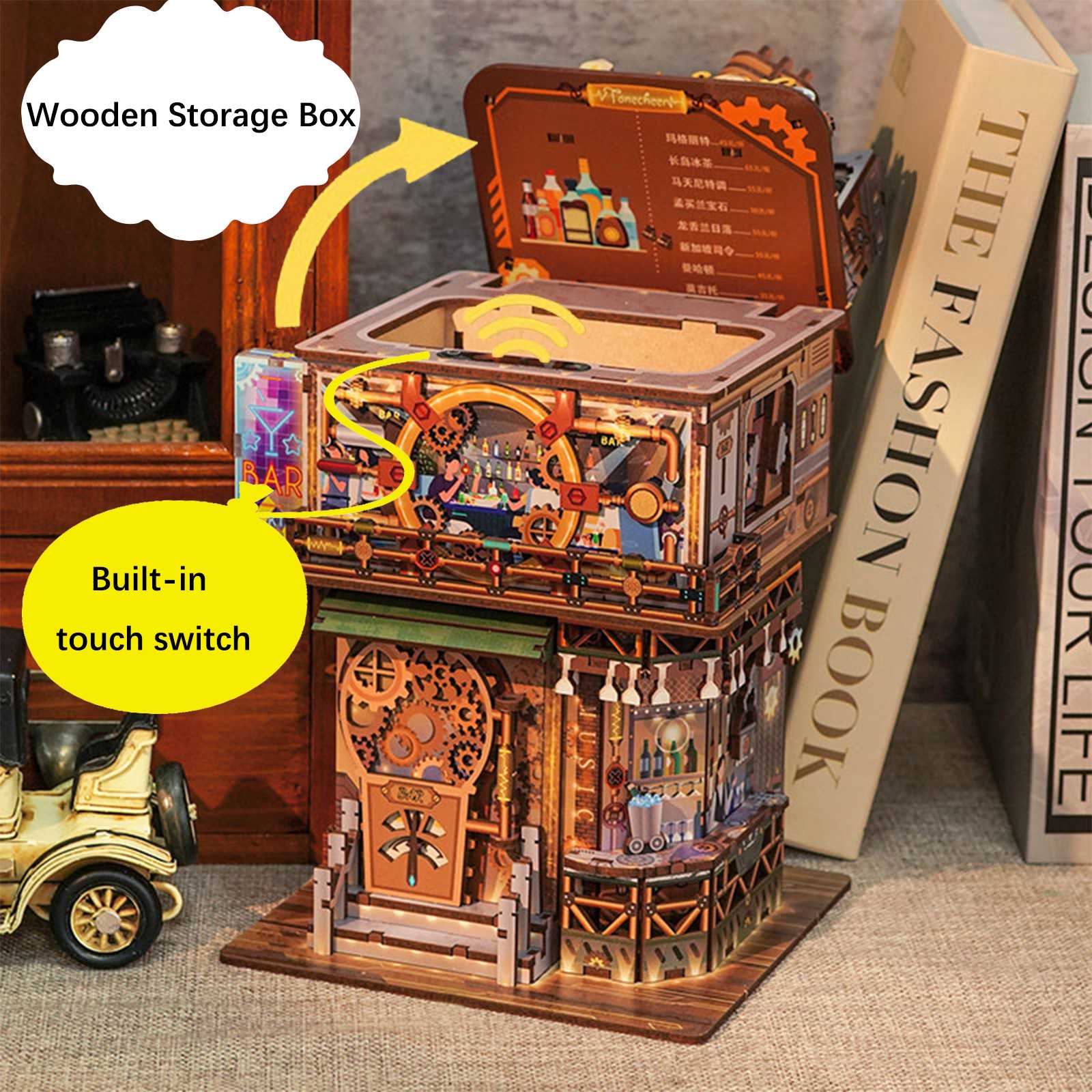  DIY Wooden Storage Box, Automatic Lid Opening Device-Book Nook World
