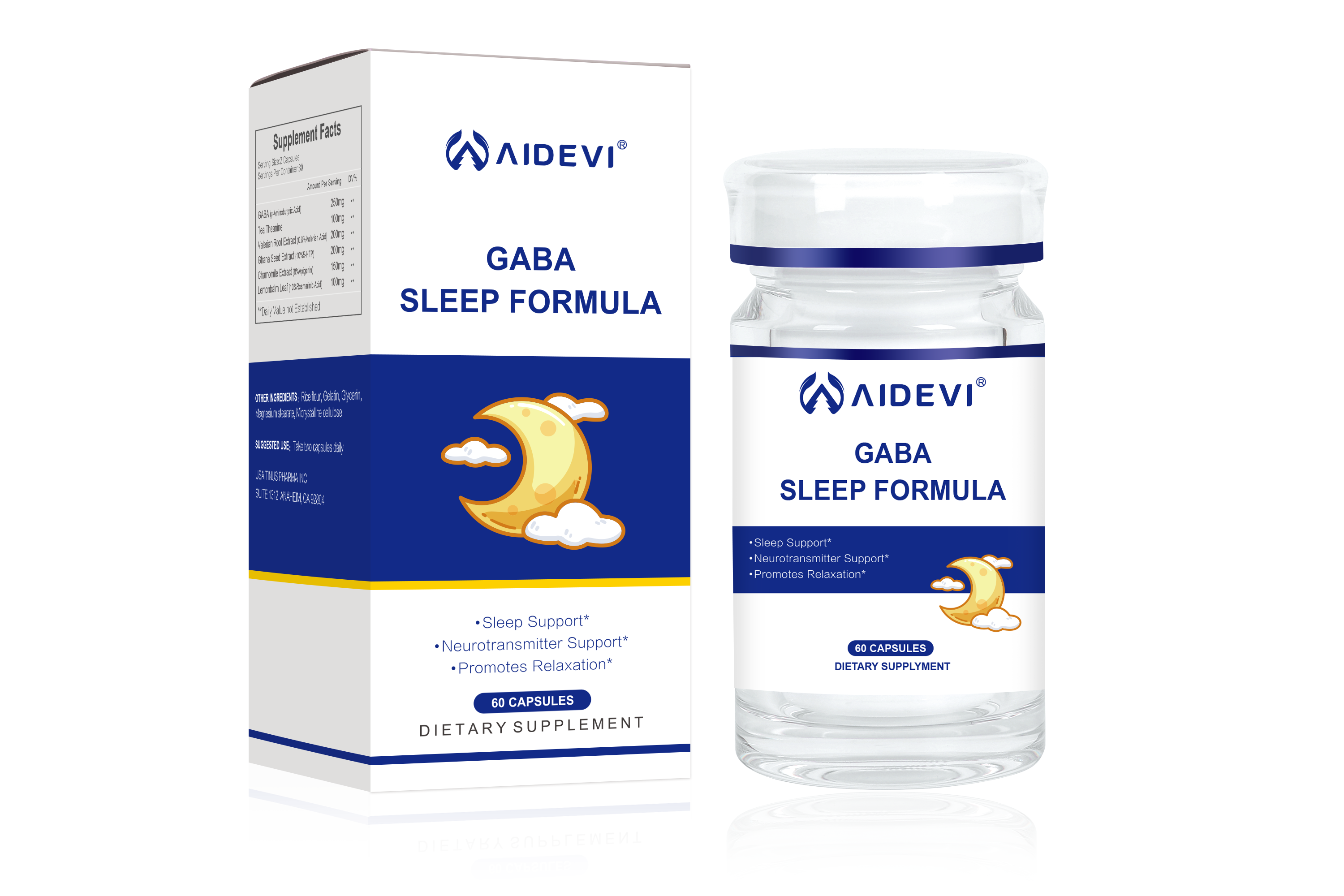 AIDEVI GABA Sleeping Capsules 60 Capsules per Bottle  Made In USA-AIDEVI