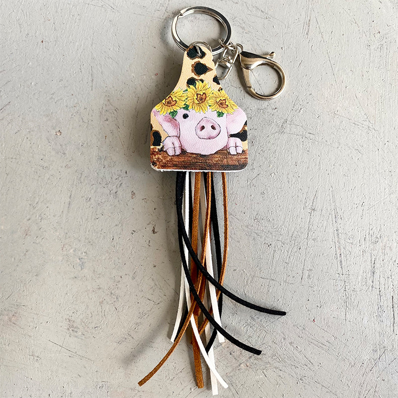 Western Style Leather Key Chain Sunflower Leopard Cactus Pig Horse-turquoise