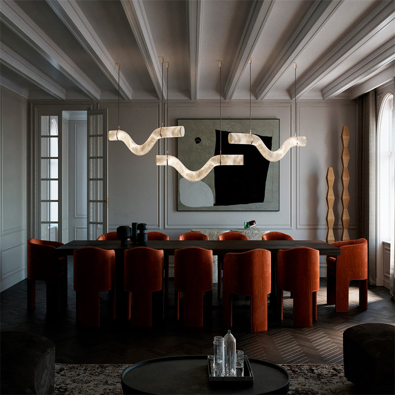 Liberty Curved Pendant Alabaster Chandelier, Pendant Light Over Dining Table