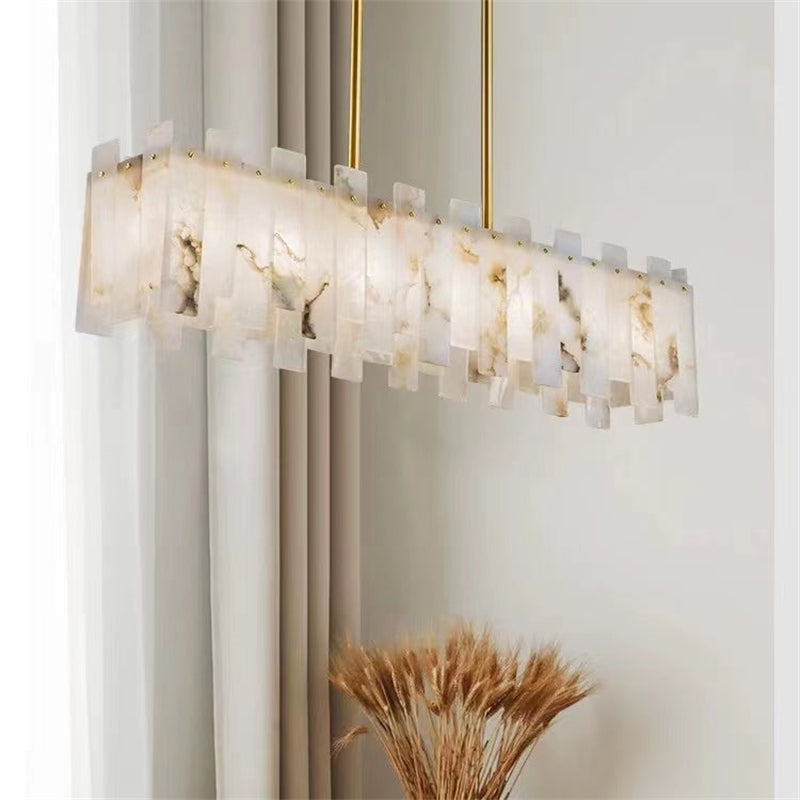  Ebele Modern Alabaster Linear Chandelier Over Dining Table, Chandelier For Living Room