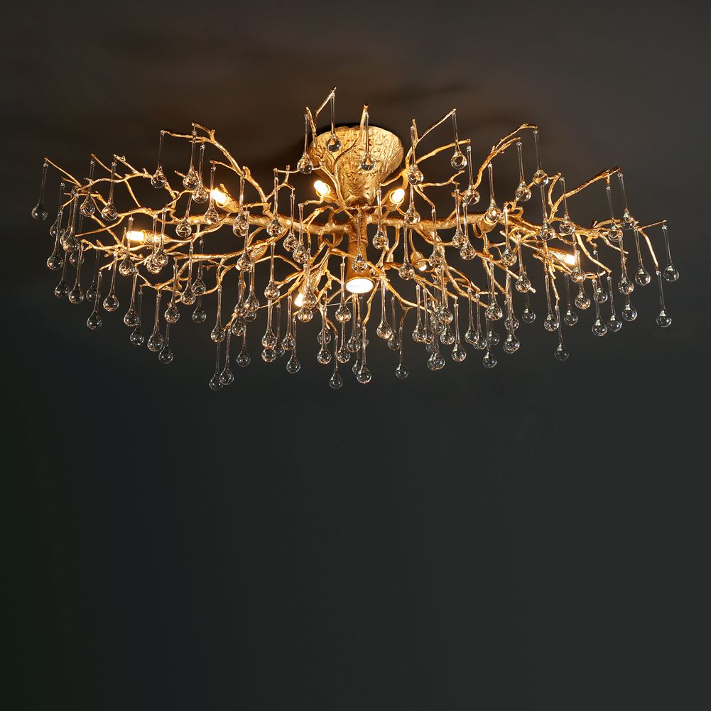 Brass Branch Ceiling Light with Glass Raindrop Pendants - Wing Lightings