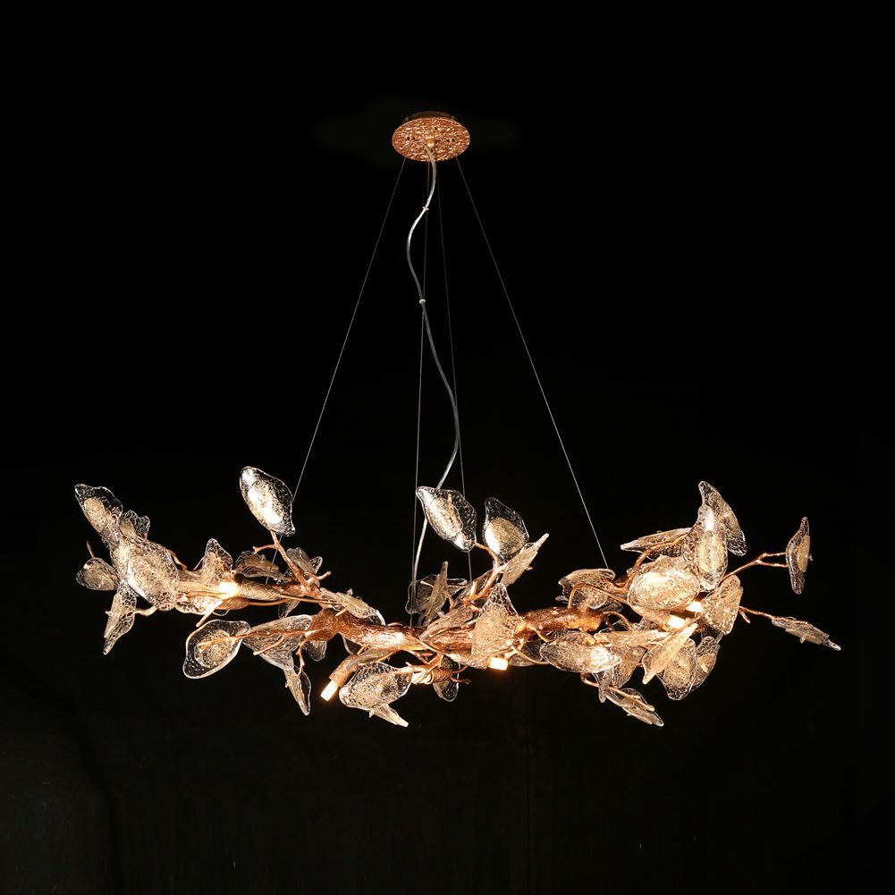 Modern Branch Long Chandelier with Glass Leaves - Wing Lightings