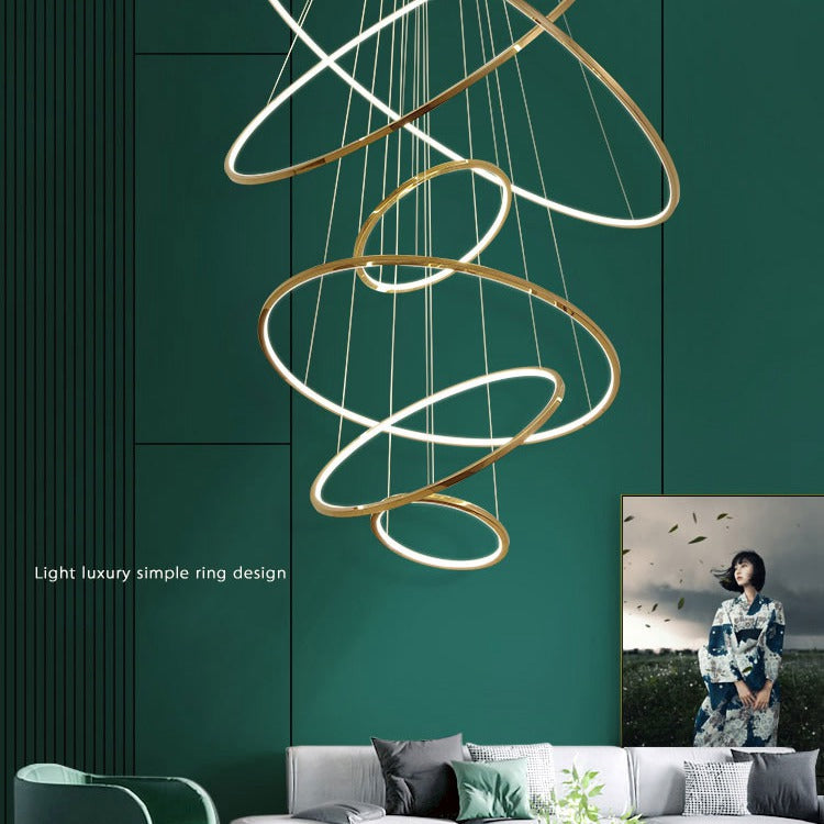 Multi Rings Gold Staircase Chandelier for Lobby Villa - Wing Lightings