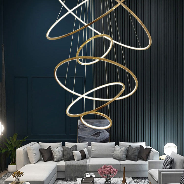 Multi Rings Gold Staircase Chandelier for Lobby Villa - Wing Lightings