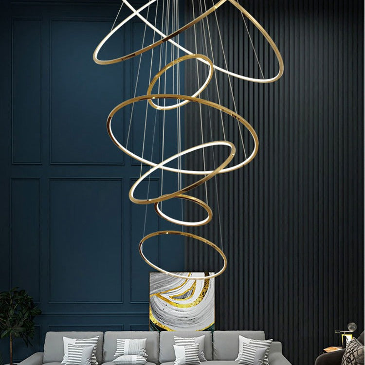 Multi Rings Gold Staircase Chandelier for Lobby Villa - Wing Lightings