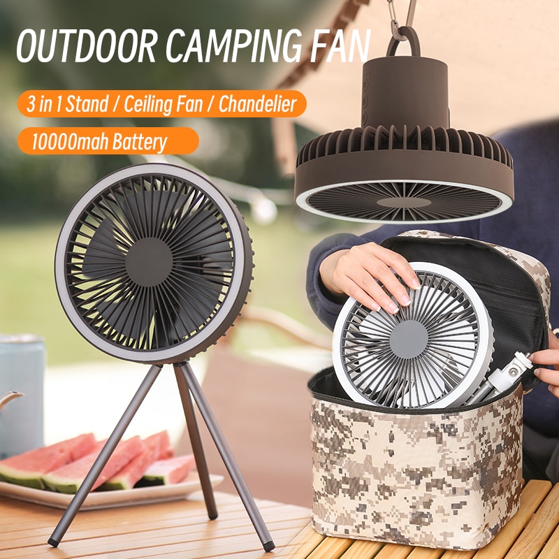 10000mAh Camping Fan Rechargeable Desktop Portable Circulator Wireless Ceiling Electric Fan with Power Bank LED Lighting Tripod
