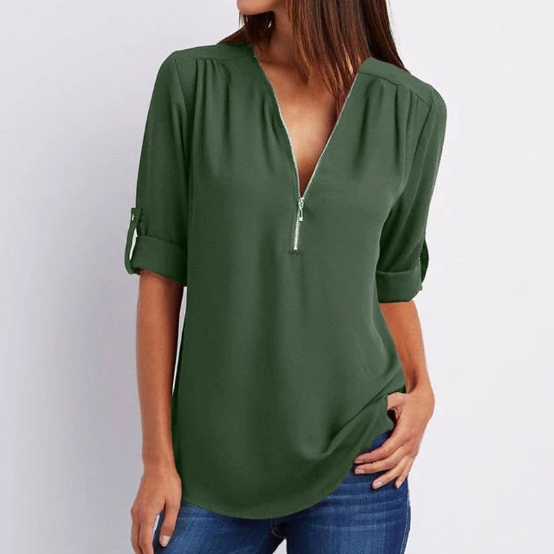 Women  3/4 Sleeves Loose Zipper Blouse