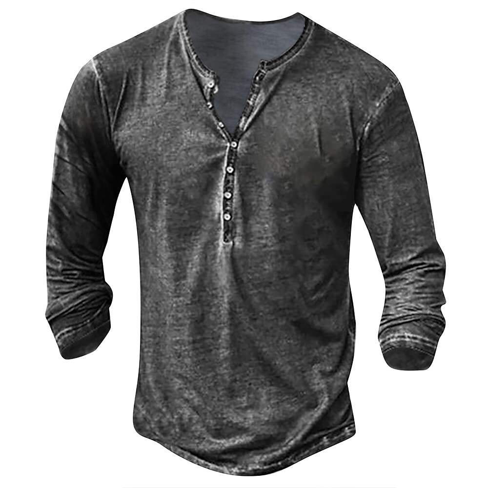 Hispicker Men's Henley 3D Print Solid Color Long Sleeve T-shirt