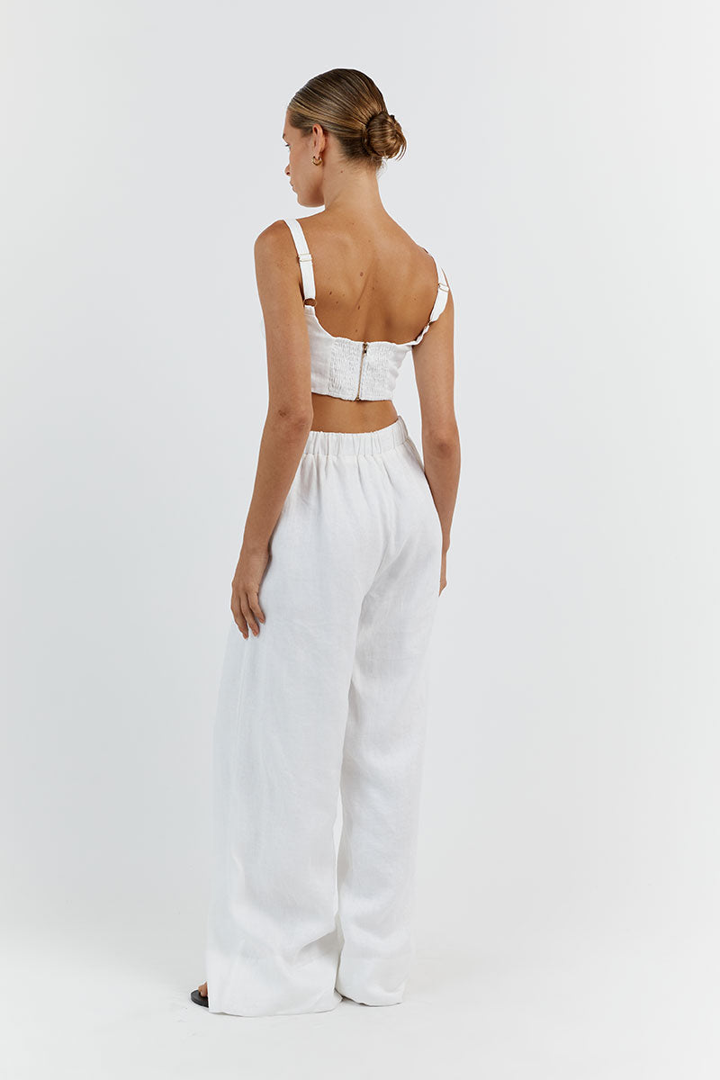 GINA WHITE LINEN ELASTIC WAIST PANT