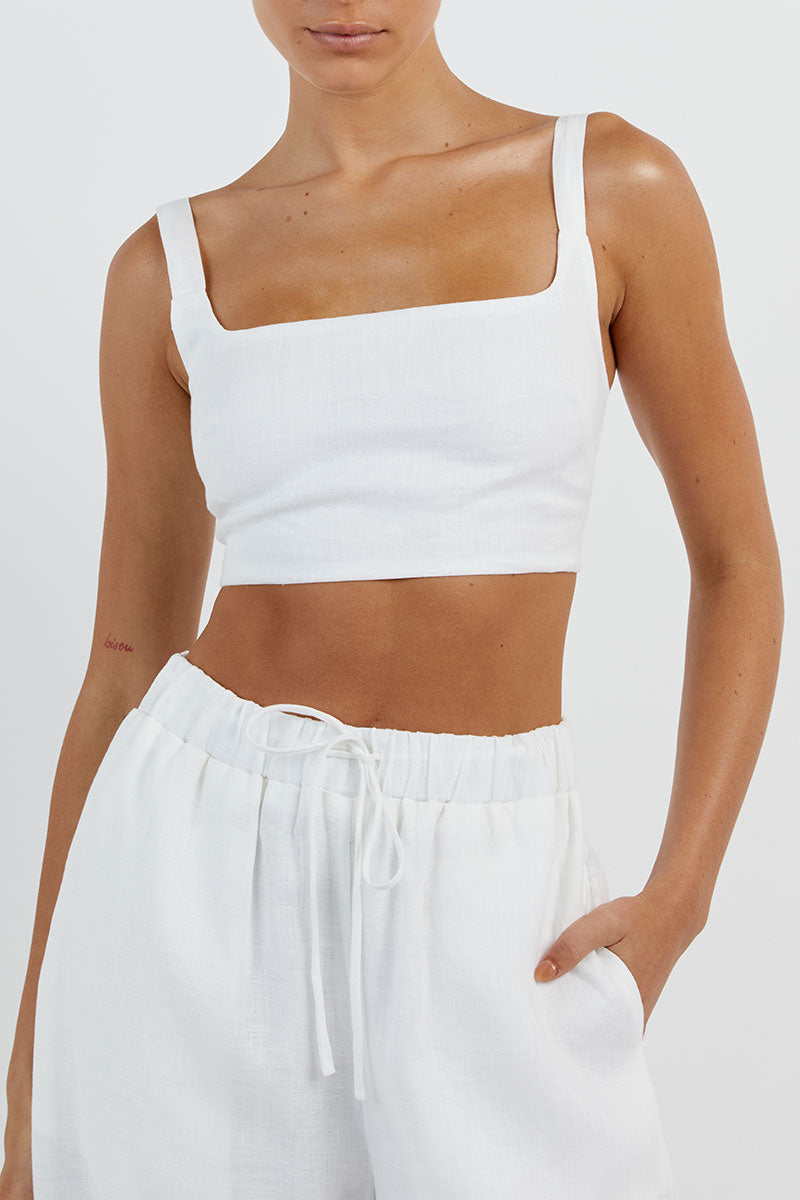 GINA WHITE LINEN ELASTIC WAIST PANT