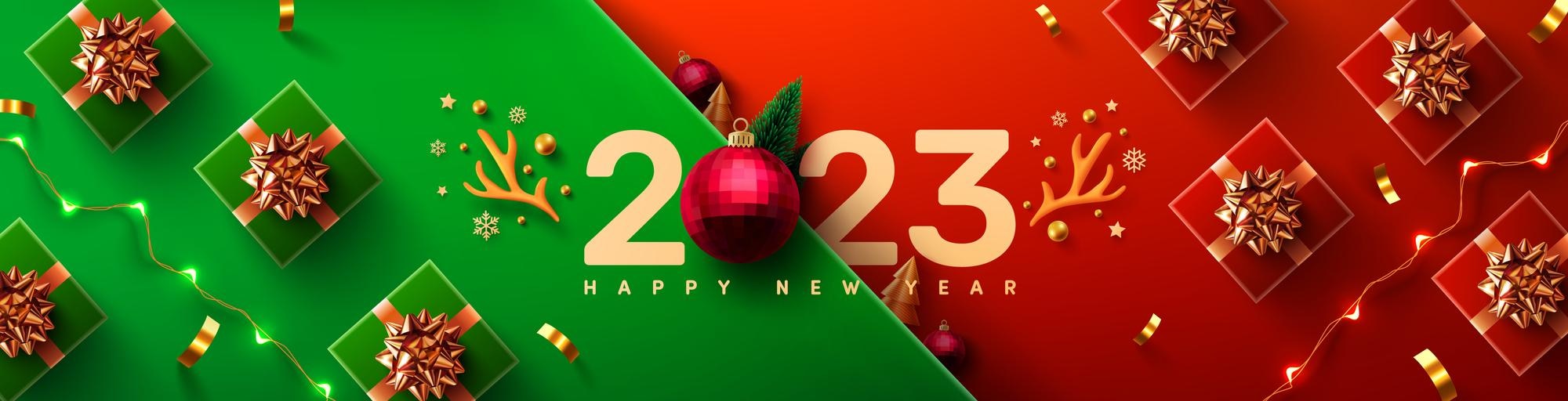 Premium Vector | New year 2023 promotion poster or banner with gift box and  christmas element for retail