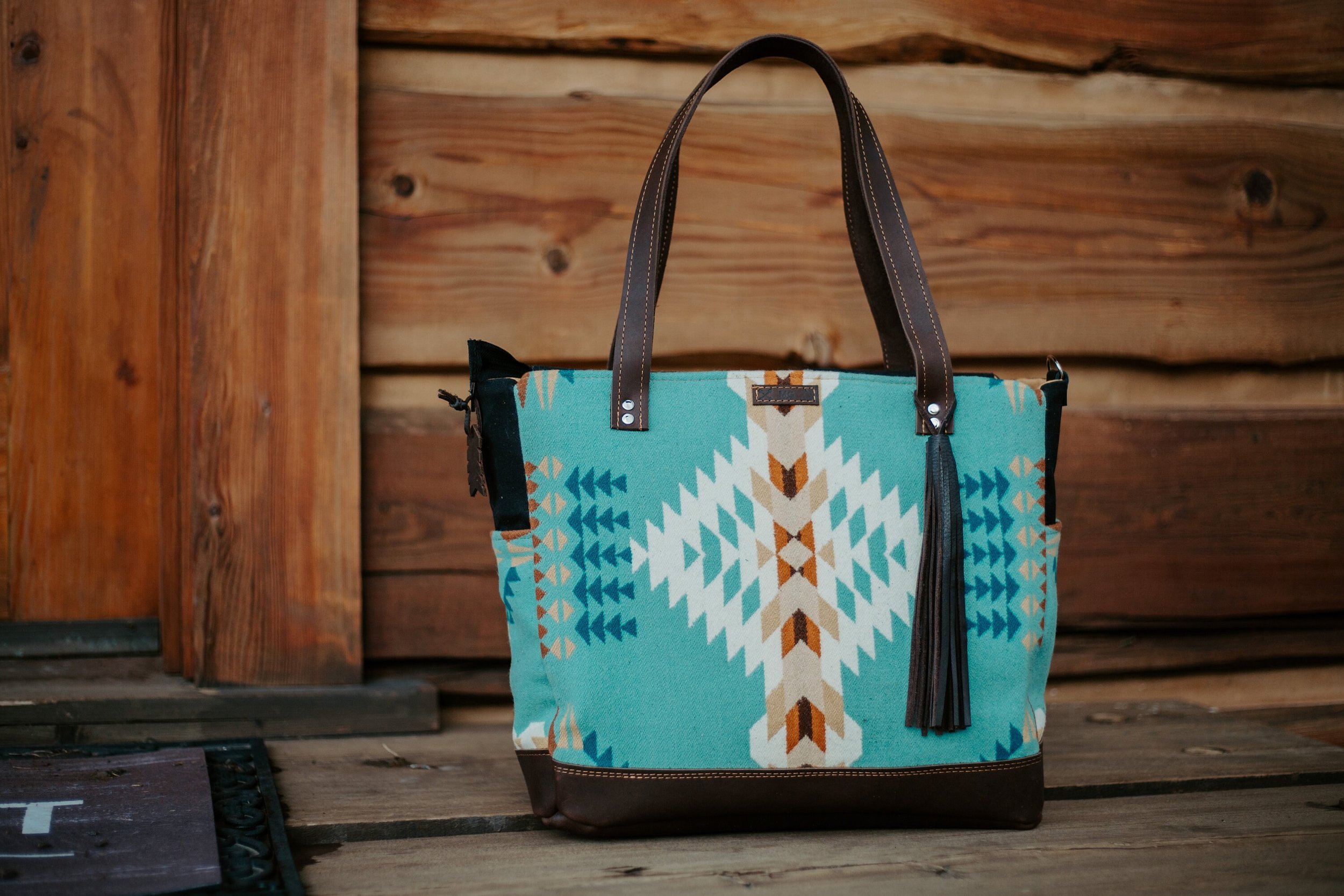 UNISEX DIAPER BAG TOTE IN LEATHER AND NATIVE WOOL, SOUTHWESTERN CARRY 