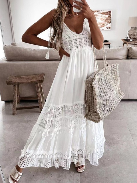 Casual Summer Lace Slim Dress Sexy Women V Neck Hollow Out Party Dress Elegant Lady Solid White