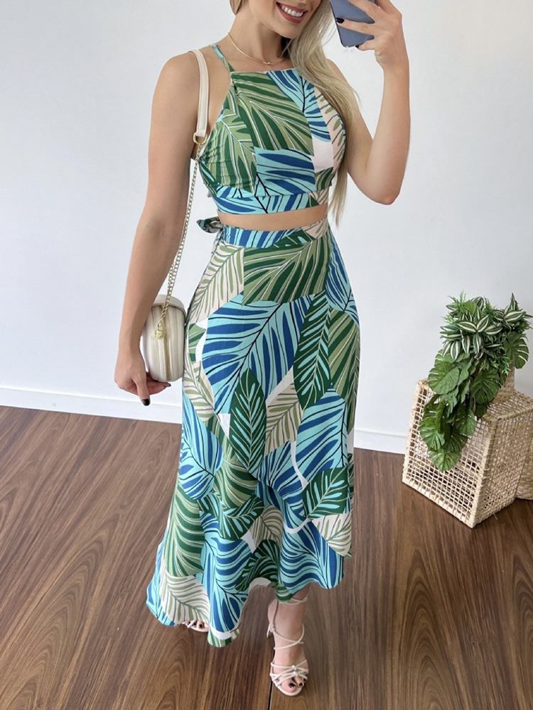 Leaves Print Halter Slim Top & Long Skirt Two Piece Set 