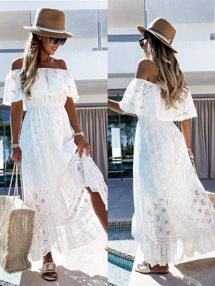 Women Casual Bohemian Style Long Dress Sexy Strapless Off The Shoulder Lace Tassel
