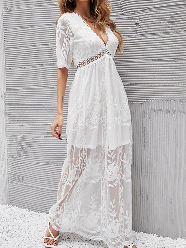 Maxi Dress Women Summer Ladies Casual Loose Embroidery Lace Long Dress Female V Neck Short Sleeves Beach Dress Vacation Holiday