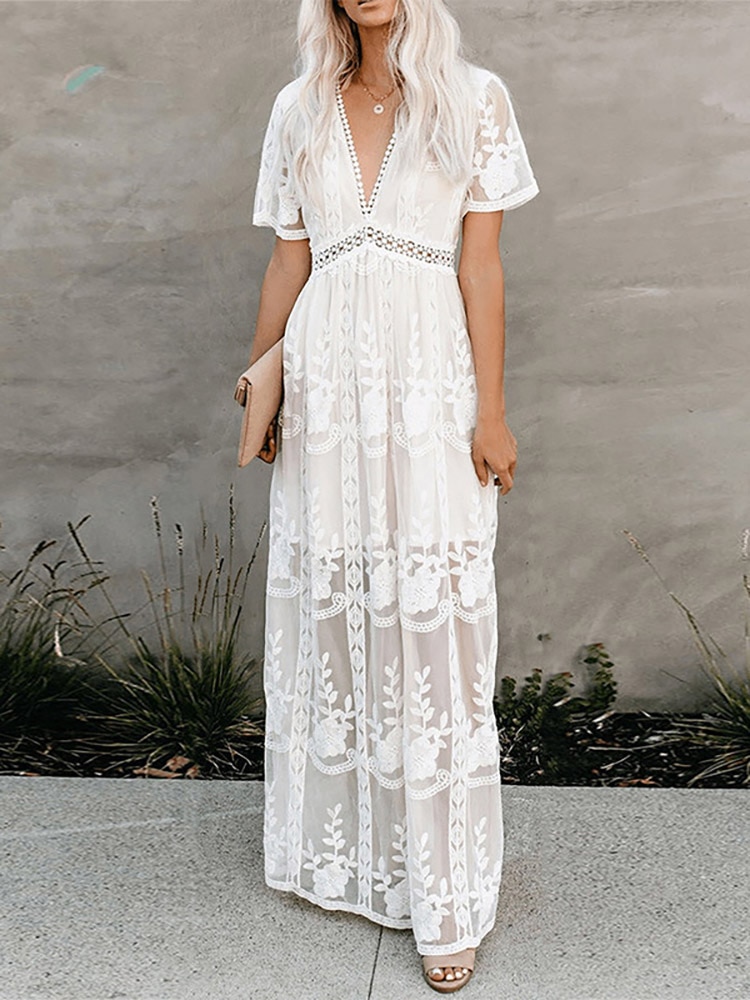 Maxi Dress Women Summer Ladies Casual Loose Embroidery Lace Long Dress Female V Neck Short Sleeves Beach Dress Vacation Holiday