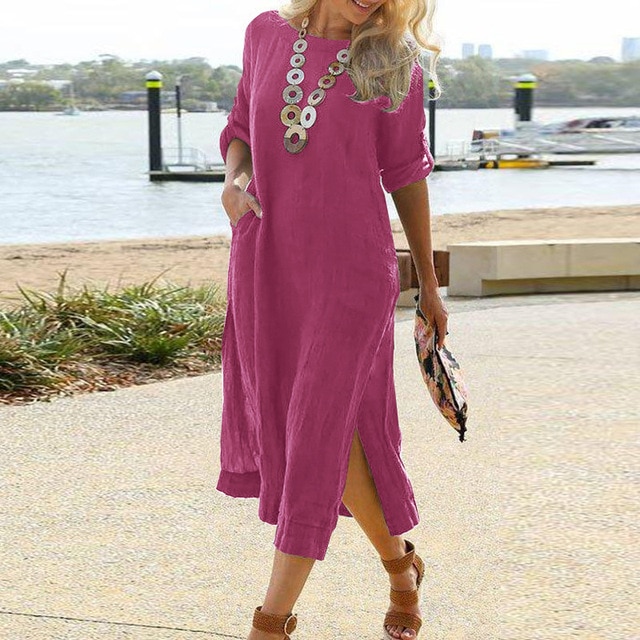 Casual Pocket Long Sleeve Loose Slit Dresses 2022 Spring Summer Harajuku Party Dress Vintage Women Solid Cotton Linen Maxi Dress