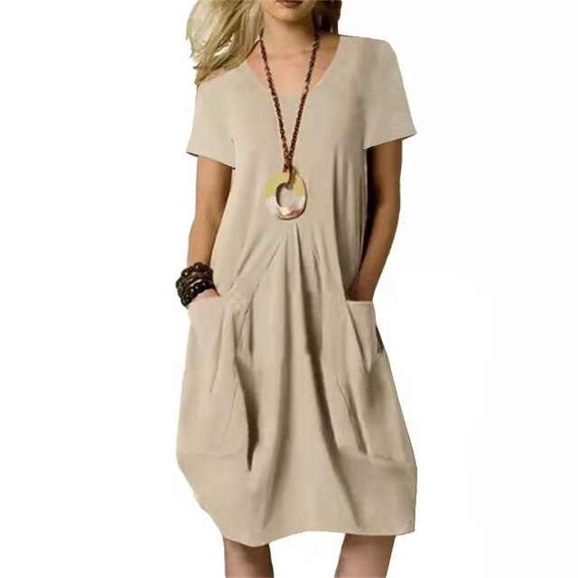 Summer New Casual Solid Color Loose Pullover Skirt O-Neck Short-sleeved Elegant Pocket Dress