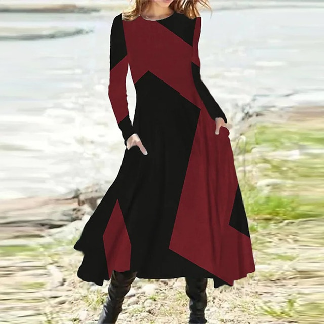 Elegant O Neck Pocket A-Line Color Block Stitching Printed Office Long Dress