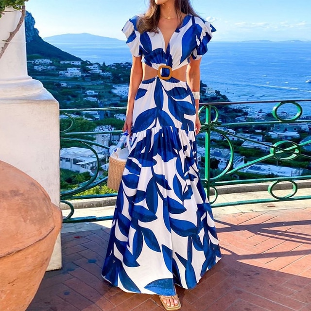 Sexy Fashion Leaky Waist V Neck Backless Butterfly Maxi Dresses