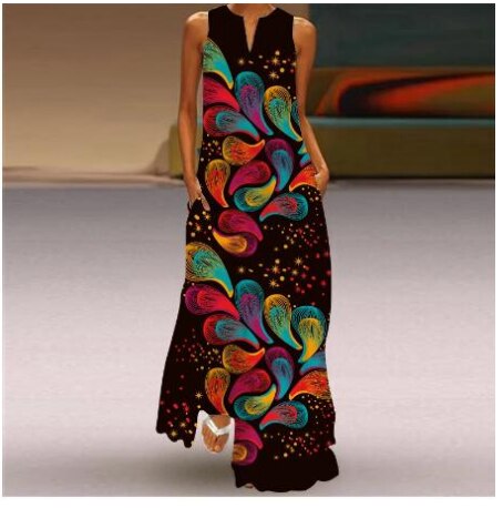 Fashion Style Vintage Printing Women Sundress Maxi Dresses Plus Size 5XL