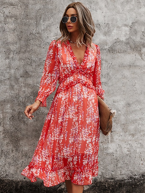 V Neck Floral Dress Ladies Butterfly Sleeve High Waist Casual Print Dresses For Women Summer Chiffon Dress