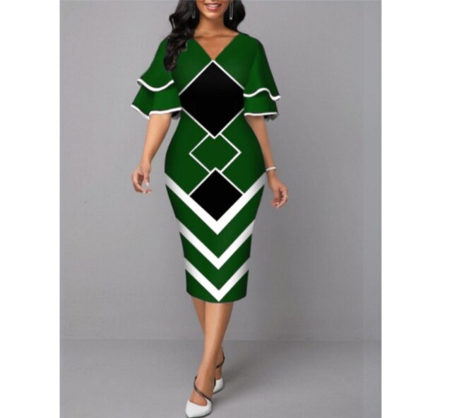 Summer Elegant Fashion Oversized Vintage Print Flare Sleeve Pencil Dresses